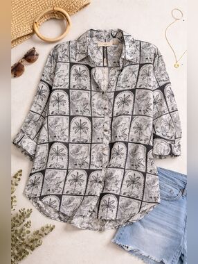 C&C California Linen Tropical Toile Shirt 2X Black White Oversized Button Down